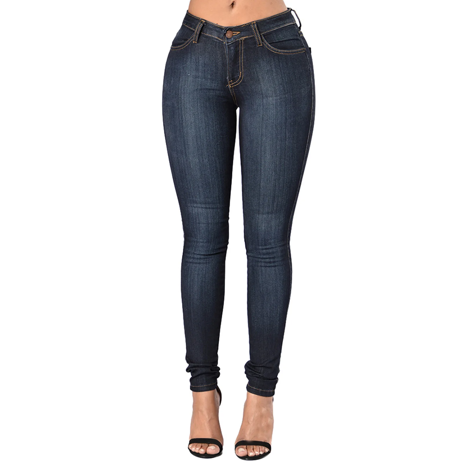 Jeansy damskie skinny z wysokim stanem i kieszeniami Beżowy