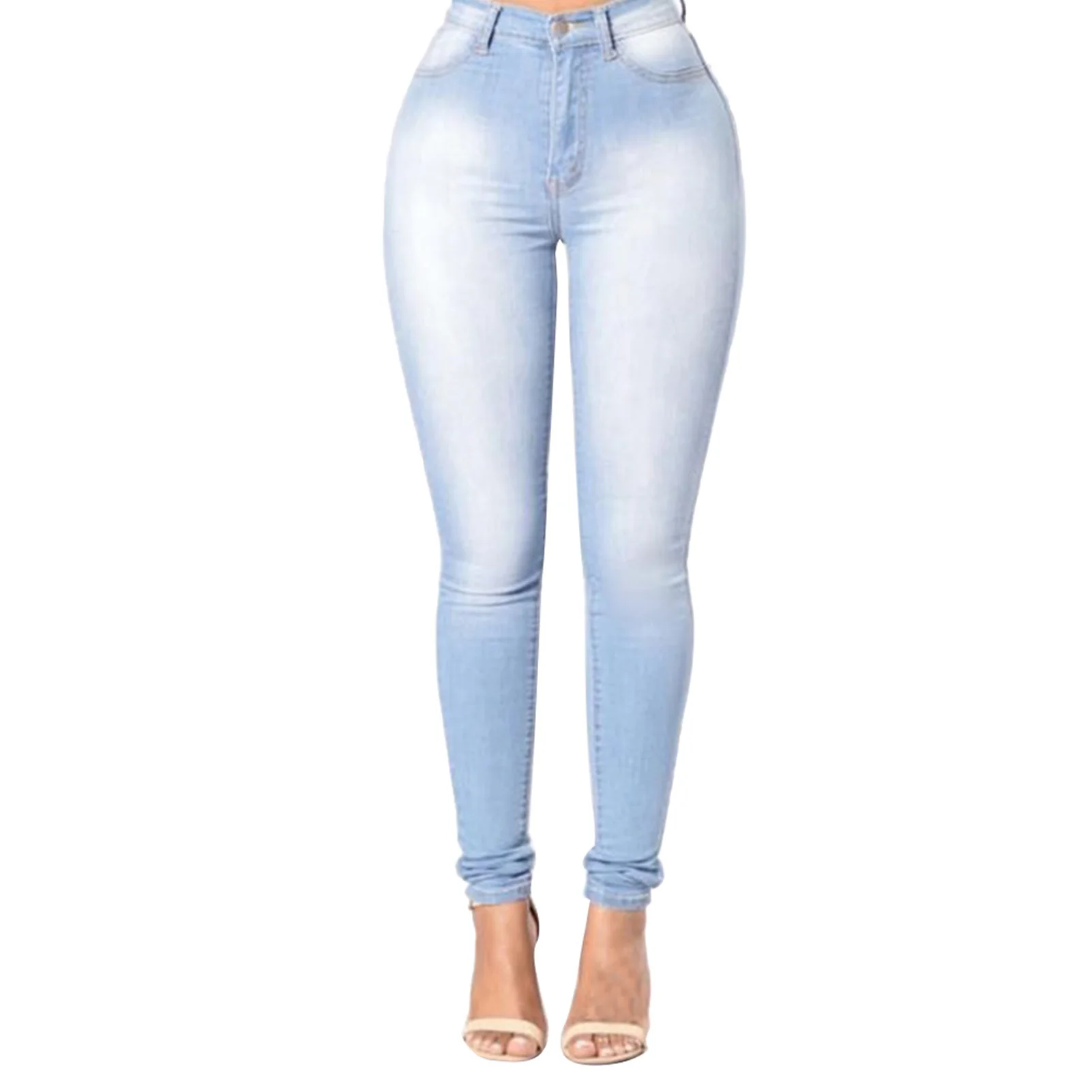 Jeansy damskie skinny z wysokim stanem i kieszeniami Błękitny