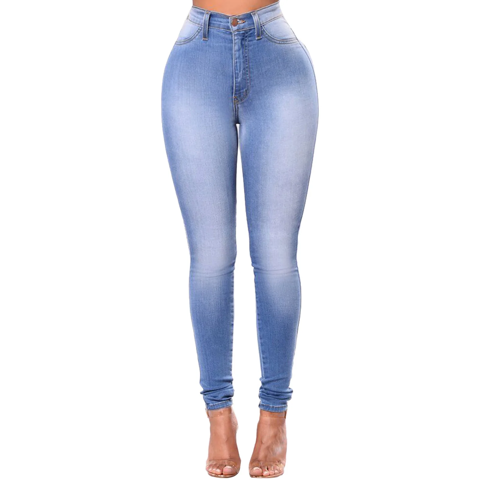 Jeansy damskie skinny z wysokim stanem i kieszeniami Brązowy