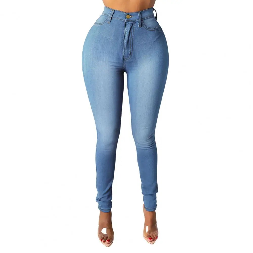 Jeansy damskie skinny z wysokim stanem i kieszeniami Niebieski