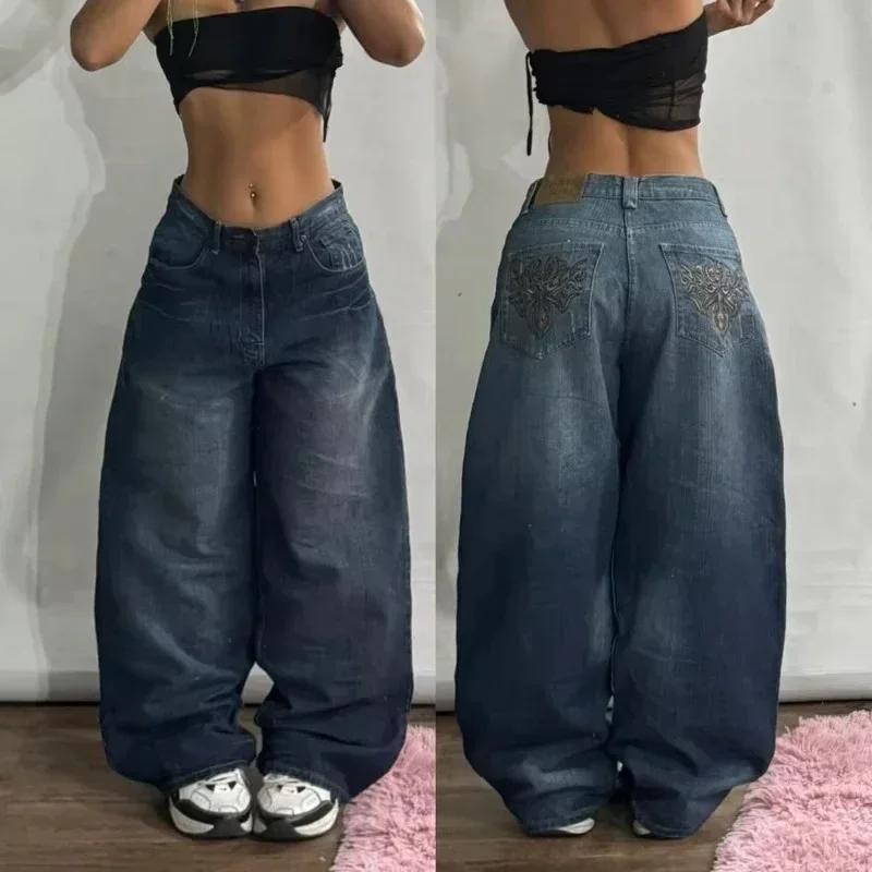 Jeansy damskie Y2K z nadrukiem tygrysa szerokie nogawki Czarny