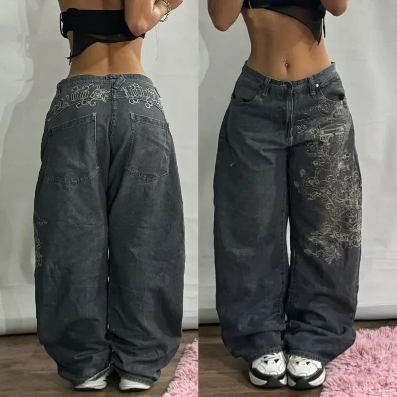 Jeansy damskie Y2K z nadrukiem tygrysa szerokie nogawki Szary