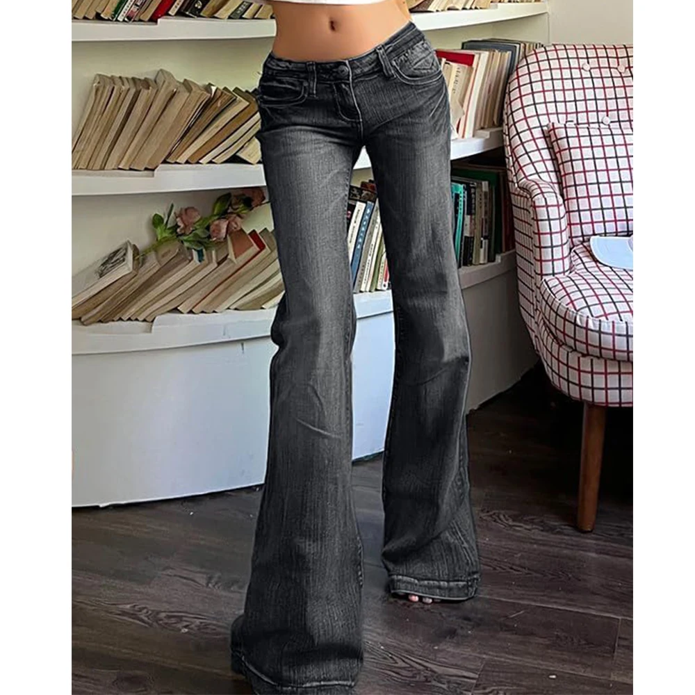 Damskie jeansy dzwony vintage Harajuku z niskim stanem Czarny