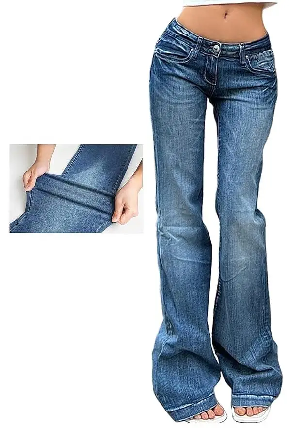 Damskie jeansy dzwony vintage Harajuku z niskim stanem Jasny niebieski