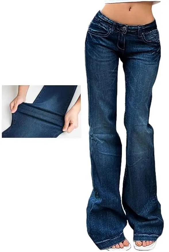 Damskie jeansy dzwony vintage Harajuku z niskim stanem Niebieski