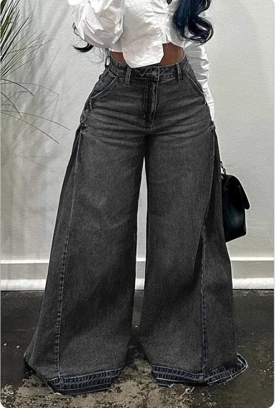 Jeansy damskie flare z łączonych materiałów streetwear wide leg Beżowy