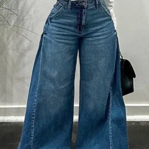 Jeansy damskie flare z łączonych materiałów streetwear wide leg Niebieski