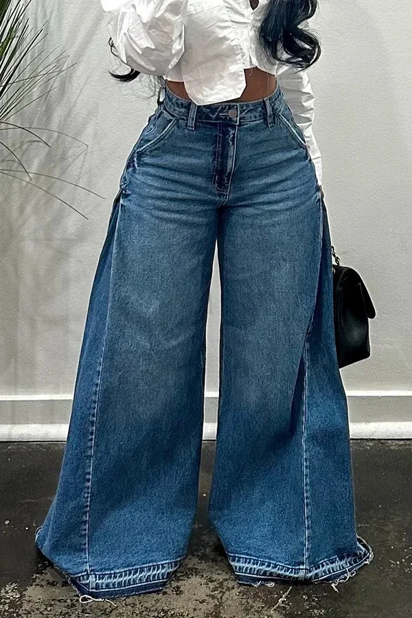 Jeansy damskie flare z łączonych materiałów streetwear wide leg Niebieski