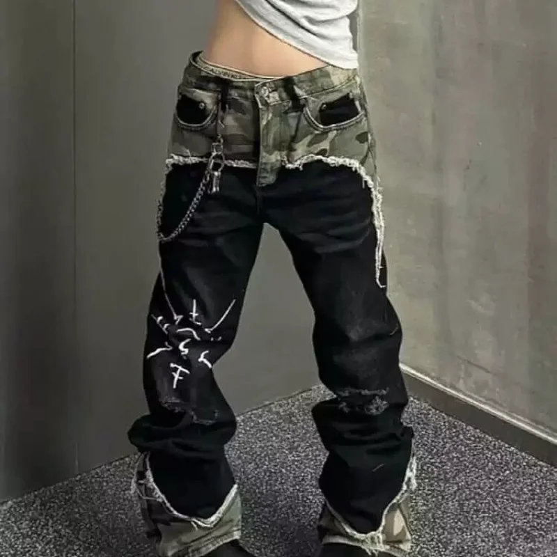 Jeansy kamuflażowe Y2K unisex vintage streetwear Beżowy