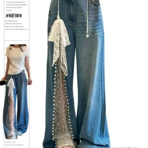 Jeansy patchwork z siatką Y2K – japoński styl Harajuku Niebieski