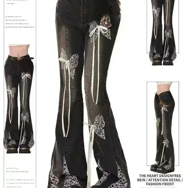 Jeansy slim micro-flare z wysokim stanem Y2K street style Biały