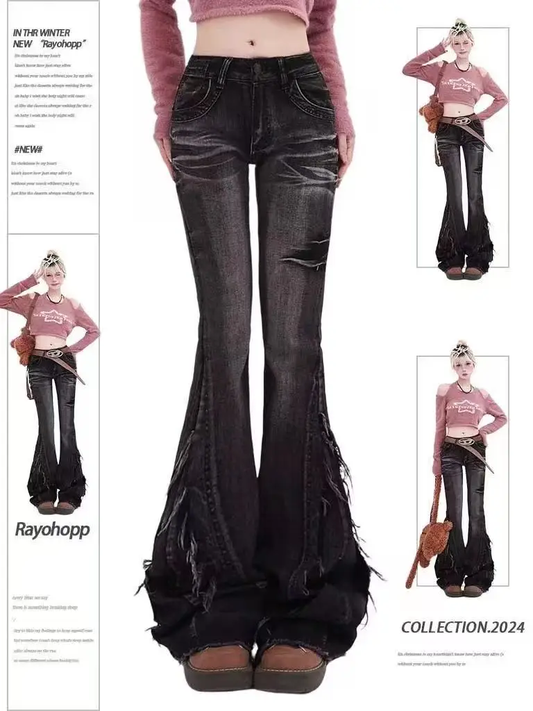Jeansy slim micro-flare z wysokim stanem Y2K street style Głęboki niebieski