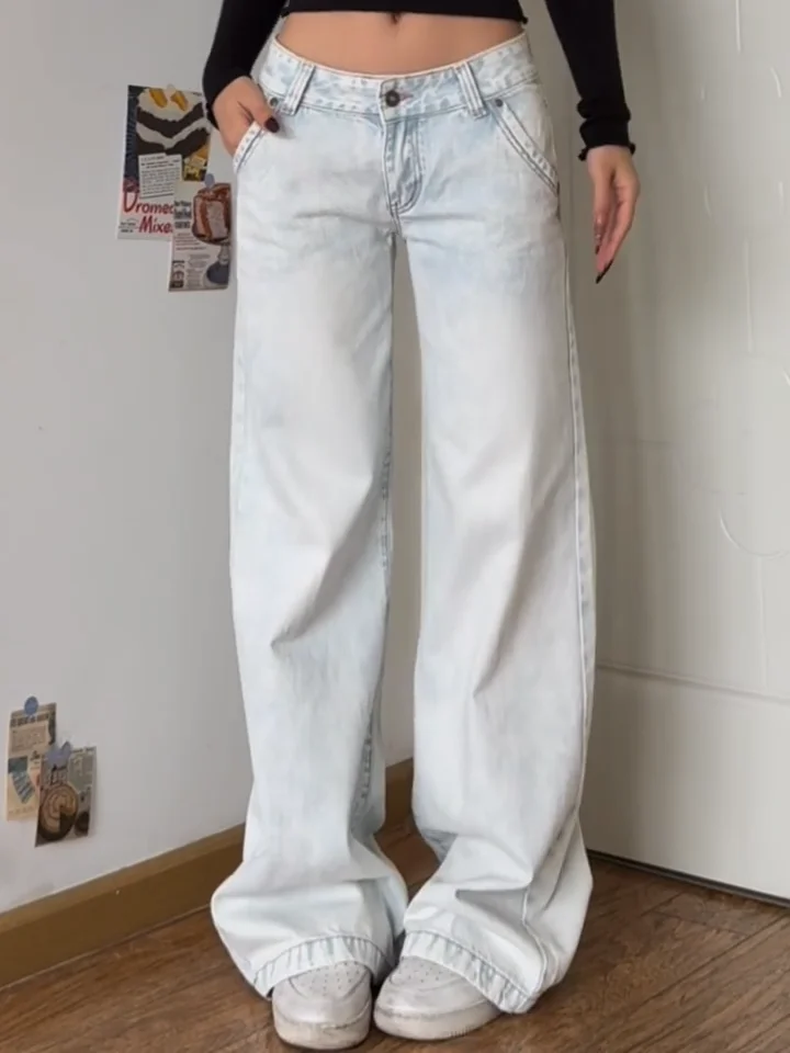 Damskie jeansy vintage Y2K z niskim stanem i szerokimi nogawkami Niebieski