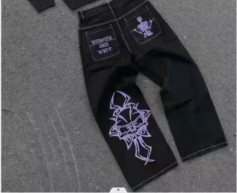 Jeansy vintage Y2K streetwear z cekinami i kieszeniami Błękitny