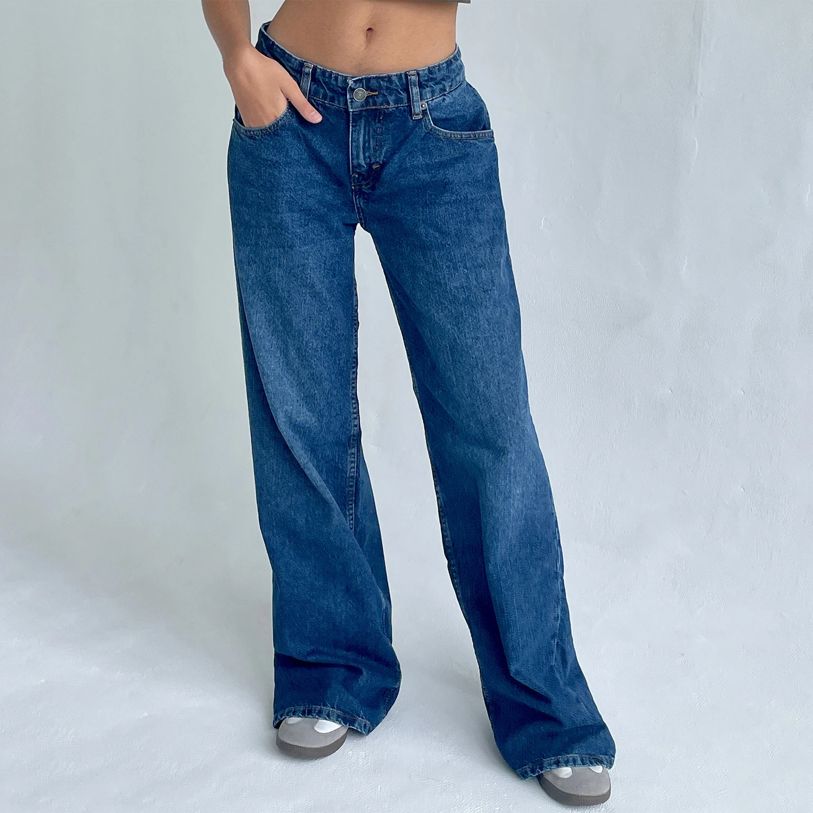 Damskie jeansy Y2K z niskim stanem i szerokimi nogawkami boyfriend Beżowy