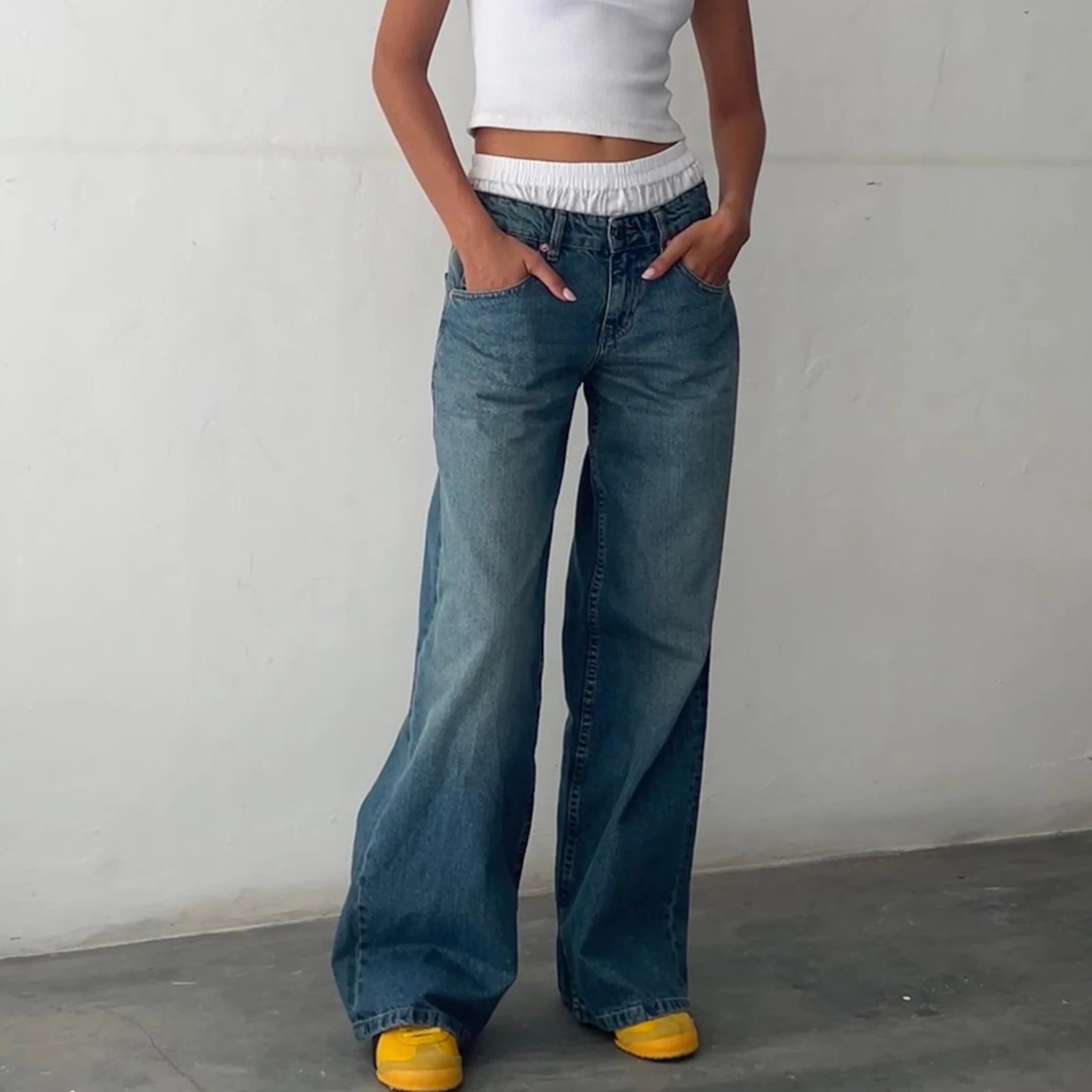 Damskie jeansy Y2K z niskim stanem i szerokimi nogawkami boyfriend Czarny