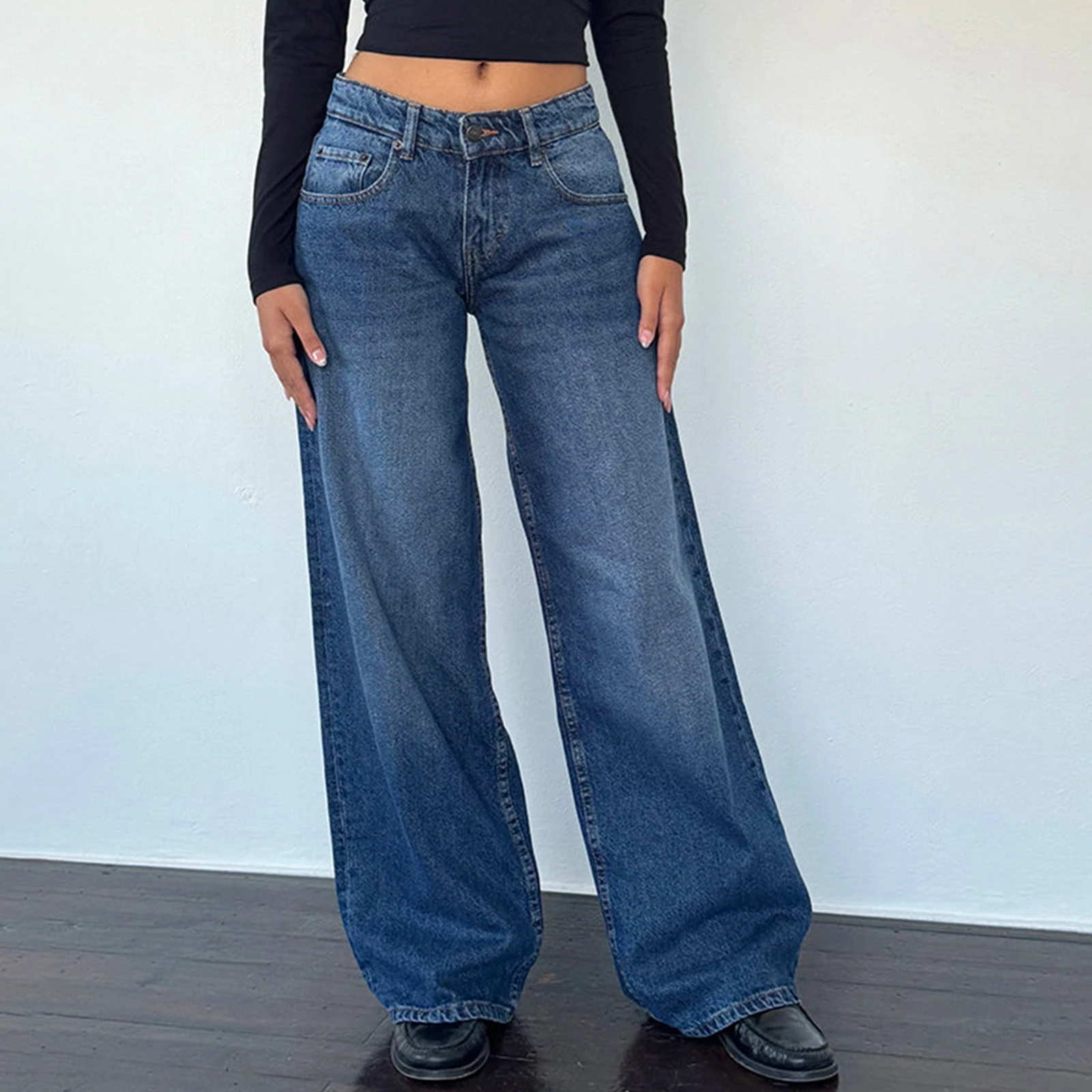 Damskie jeansy Y2K z niskim stanem i szerokimi nogawkami boyfriend Szary