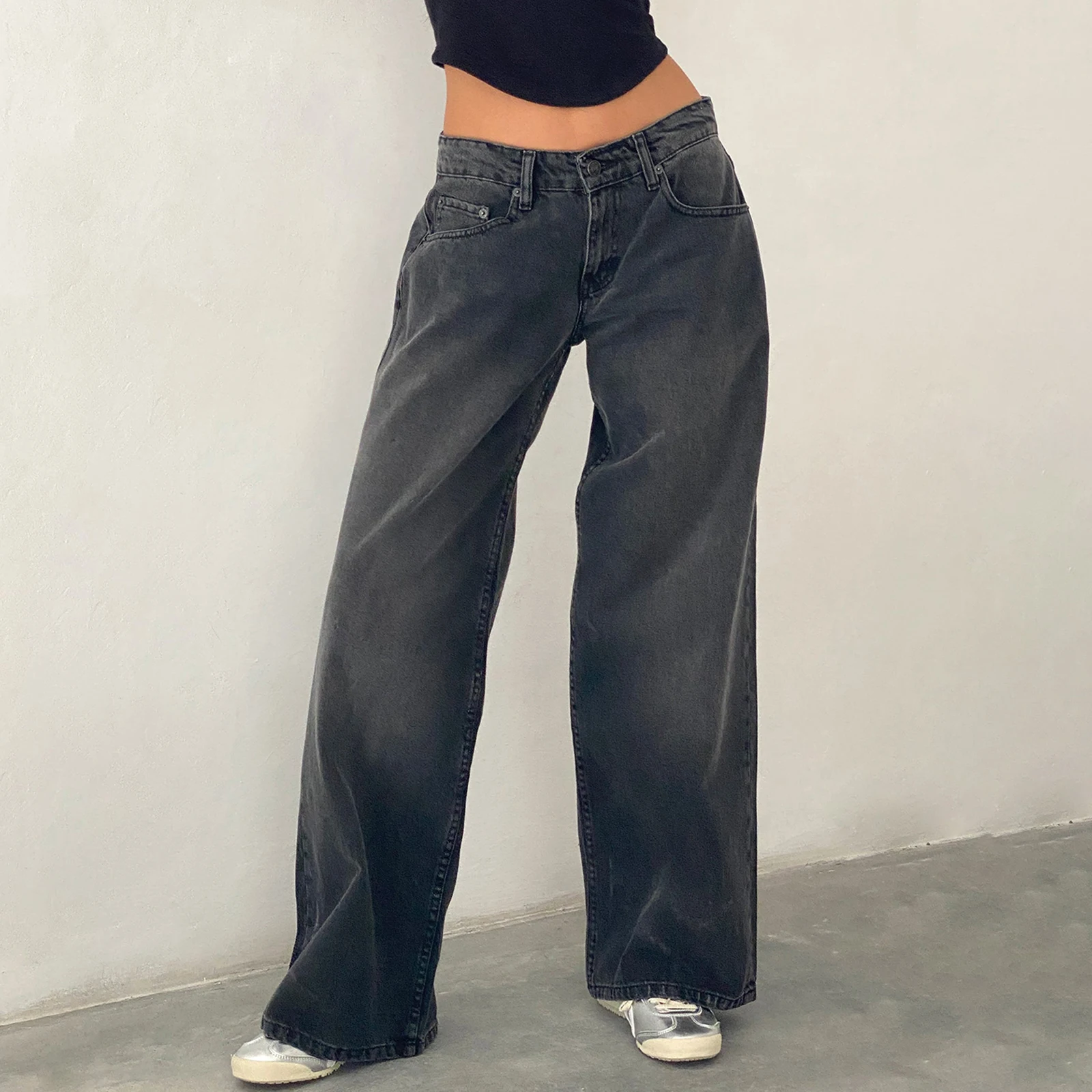 Damskie jeansy Y2K z niskim stanem i szerokimi nogawkami boyfriend Złoto