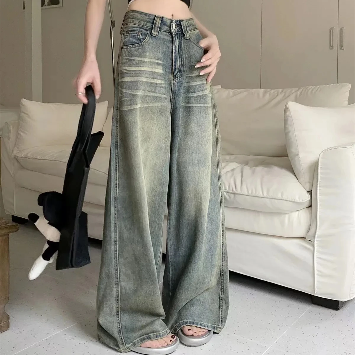Damskie jeansy Y2K z szerokimi nogawkami w stylu vintage Xt klsgnz 526