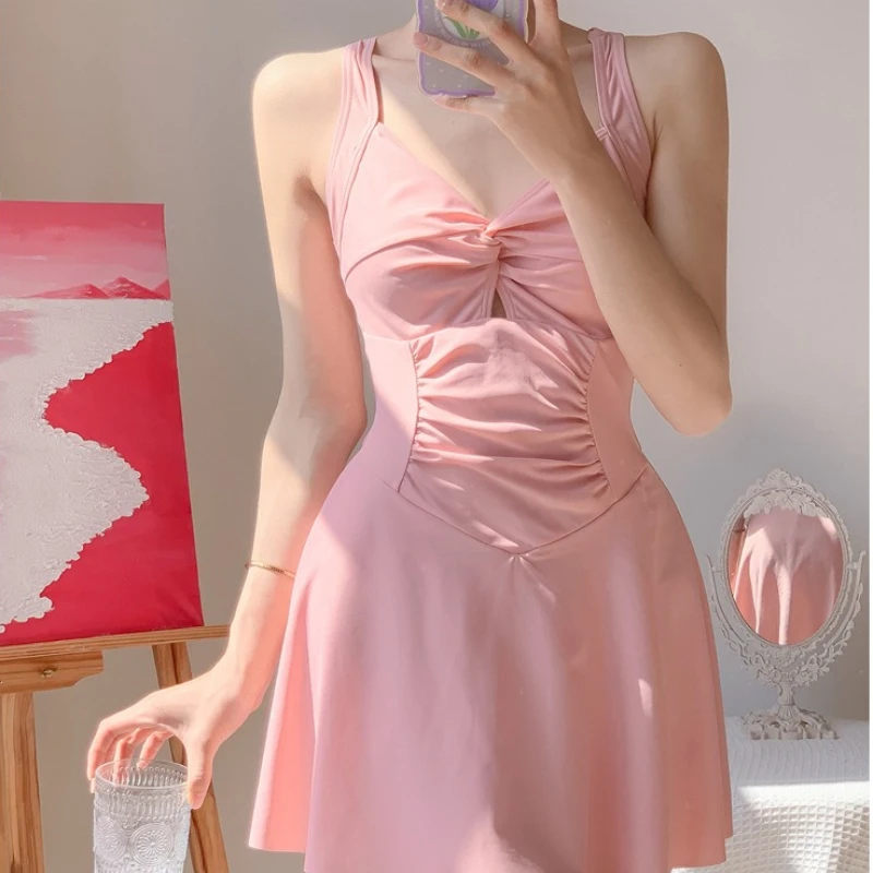 Jednoczęściowy strój kąpielowy halter push-up wyszczuplający Różowy