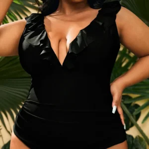 Jednoczęściowy strój kąpielowy plus size z dekoltem V bez pleców Czarny