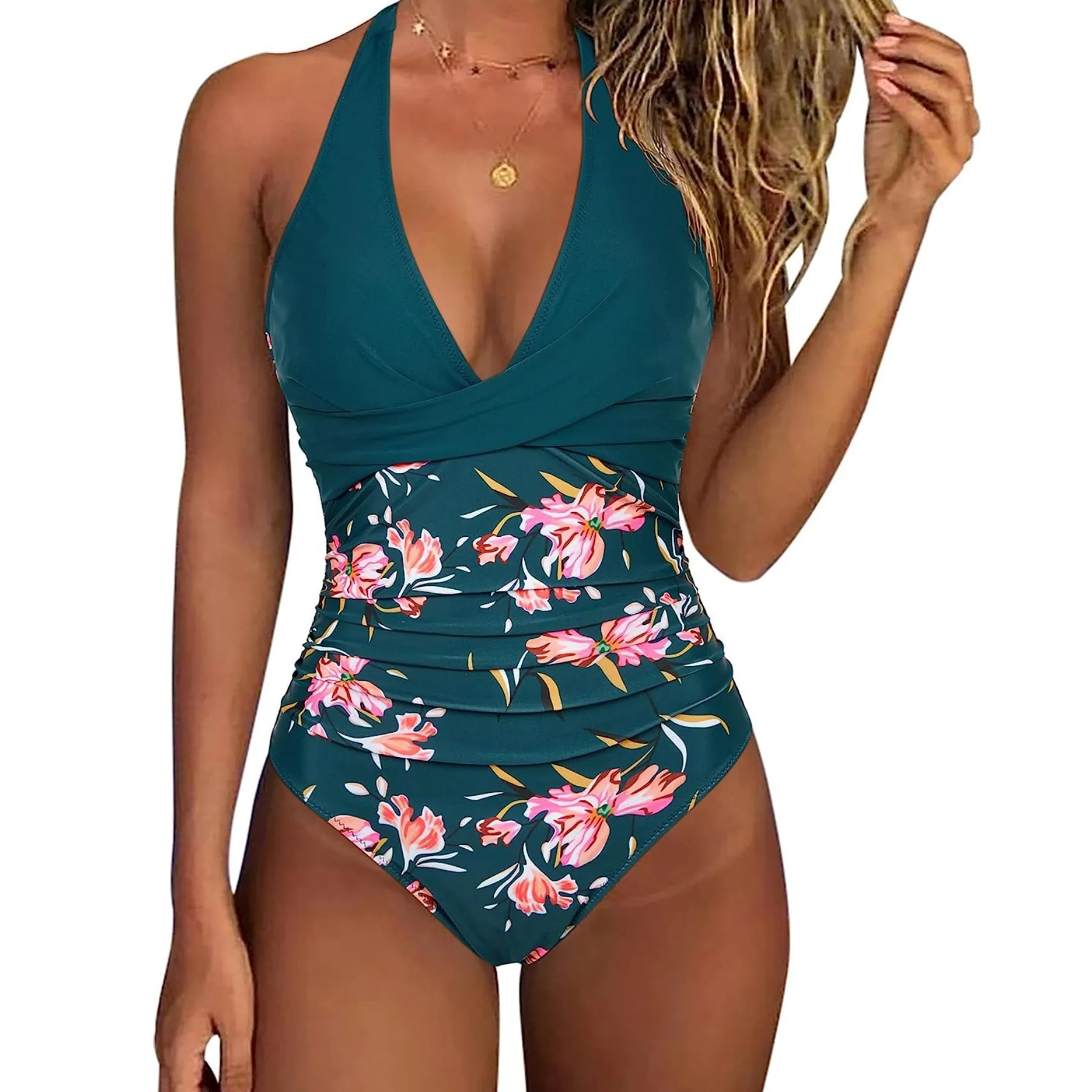 Jednoczęściowy strój kąpielowy wyszczuplający halter V-neck Różowy