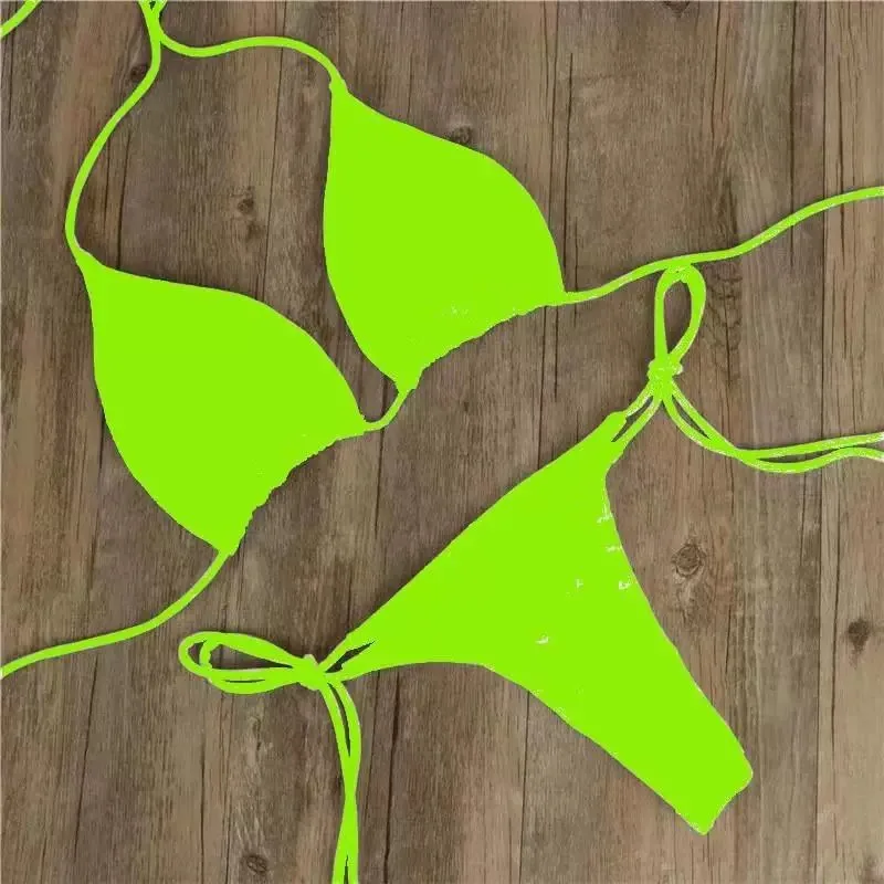 Jednokolorowe bikini z wiązaniem na szyi w stylu plażowych kurortów Zielony fluorescencyjny