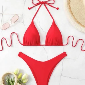 Jednolite bikini trójkątne sznurowane z niskim stanem Brązowy