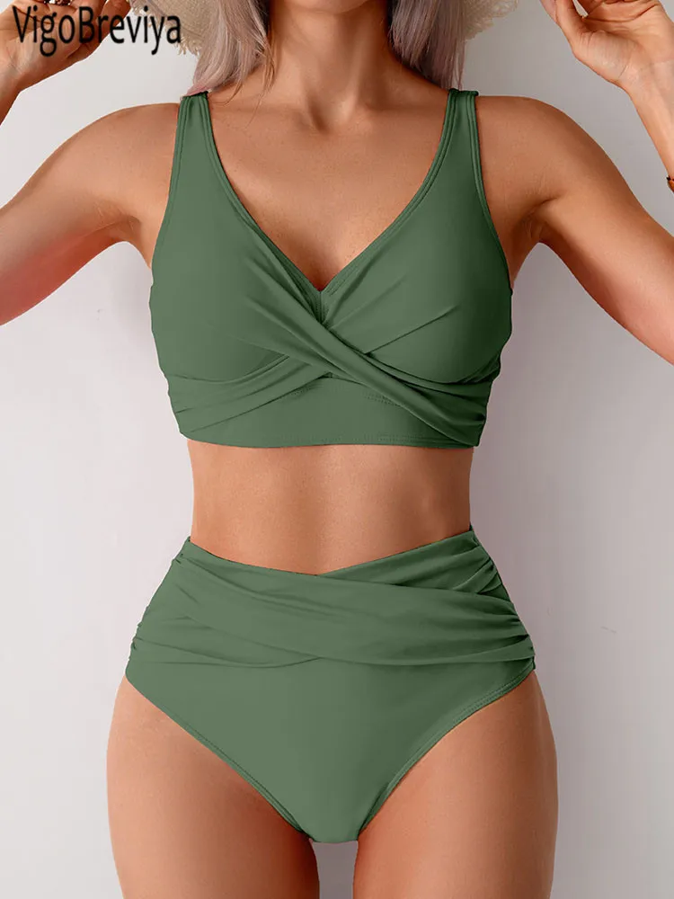 Jednolite bikini z paskami i efektem push-up Zielony