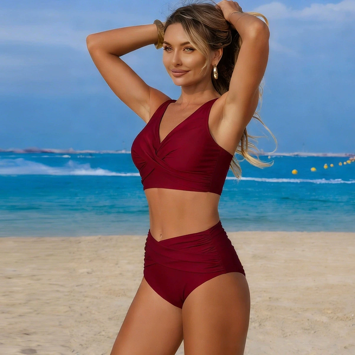 Jednolite bikini z paskami i efektem push-up Bordowy