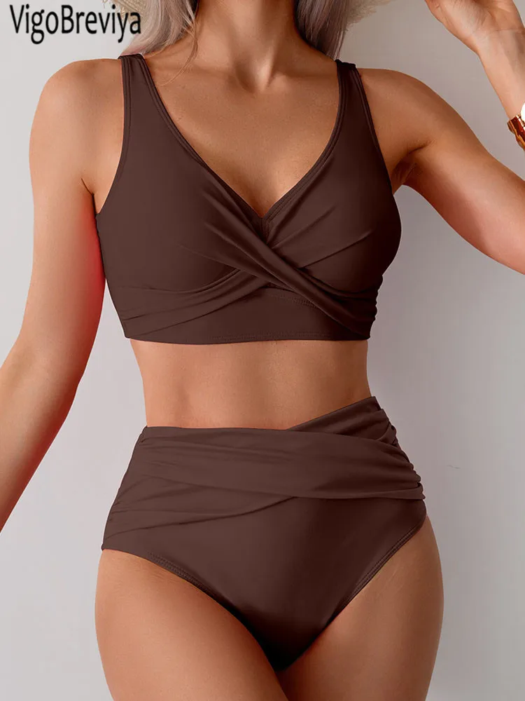 Jednolite bikini z paskami i efektem push-up Brązowy