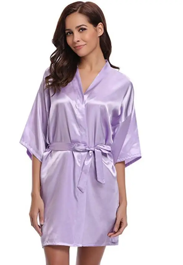 Jedwabisty satynowy szlafrok kimono dla druhny Lawendowy
