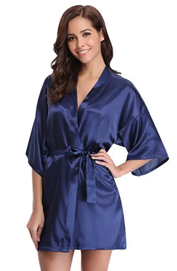 Jedwabisty satynowy szlafrok kimono dla druhny Granatowy