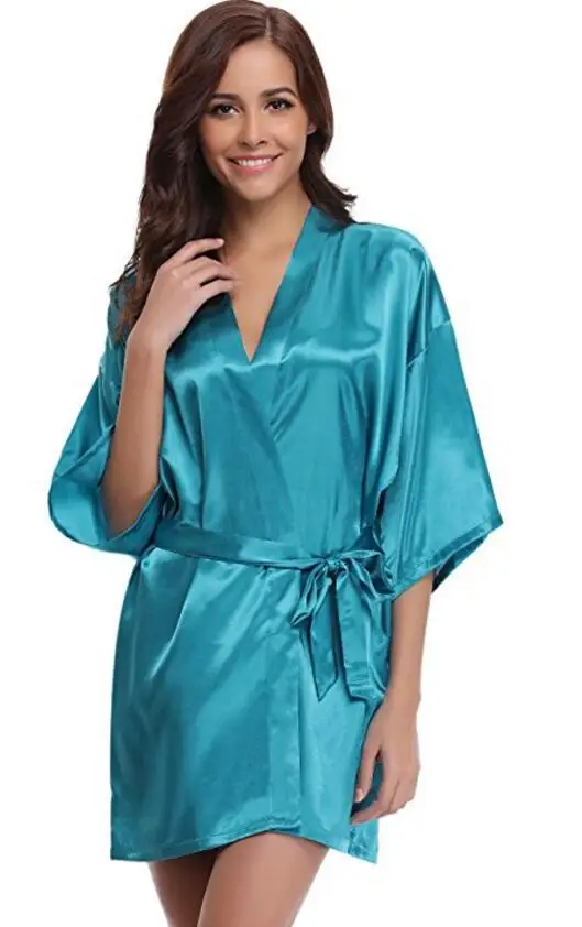 Jedwabisty satynowy szlafrok kimono dla druhny Niebieski