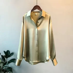 Jedwabna koszula damska plus size z długim rękawem elegancka Pomarańczowy