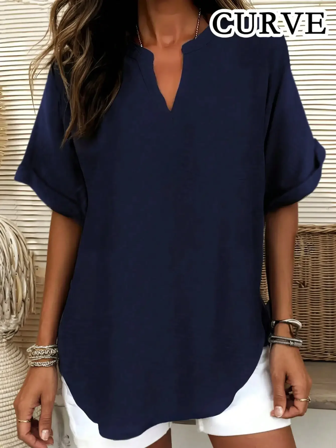 Karbowana bluzka plus size z dekoltem w serek Granatowy