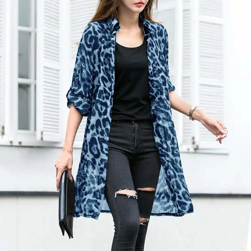 Kardigan damski w cętki, długa kimono narzutka plus size Błękitny