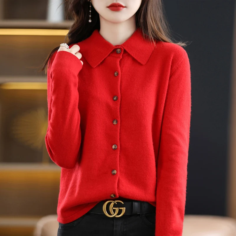 Kardigan z kołnierzem polo — elegancki damski sweter Czerwony
