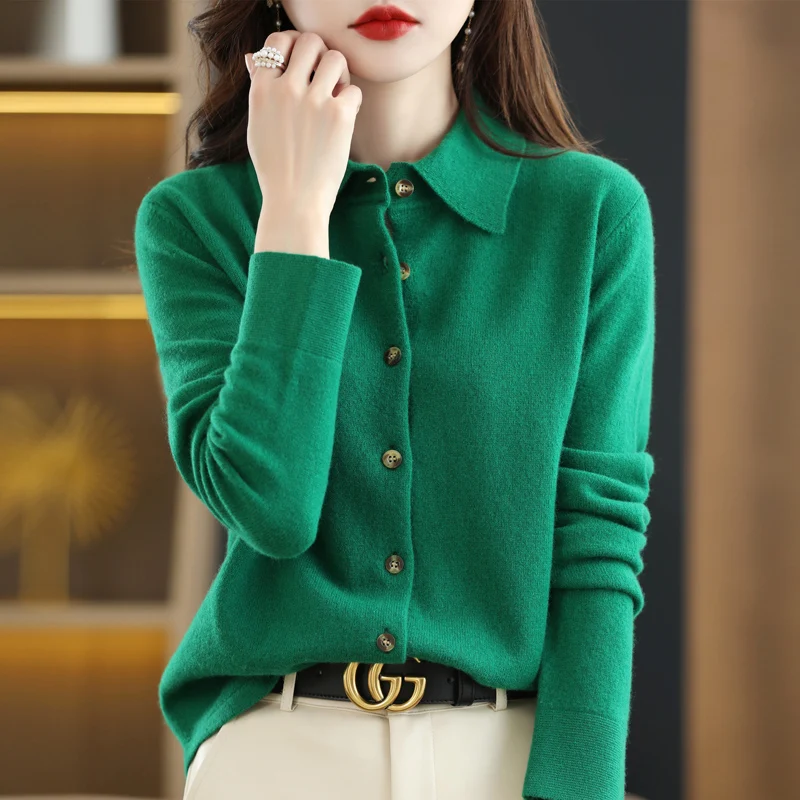 Kardigan z kołnierzem polo — elegancki damski sweter Zielony
