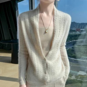 Elegancki kardigan damski z kołnierzem szalowym 100% wełna merino Beżowy
