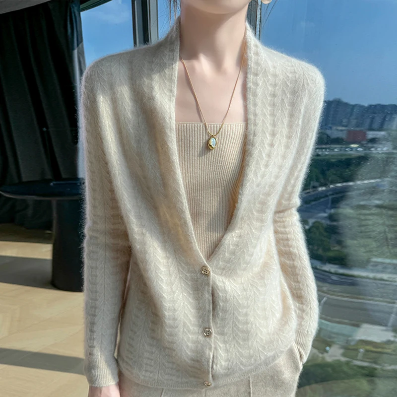 Elegancki kardigan damski z kołnierzem szalowym 100% wełna merino Beżowy