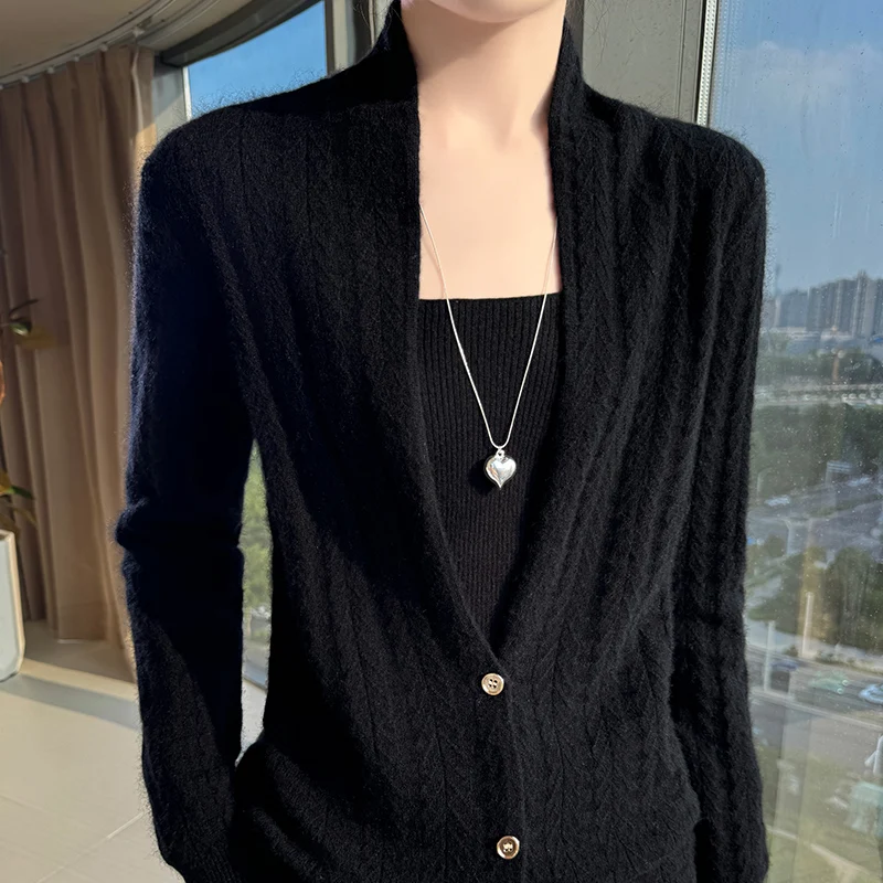 Elegancki kardigan damski z kołnierzem szalowym 100% wełna merino Czarny