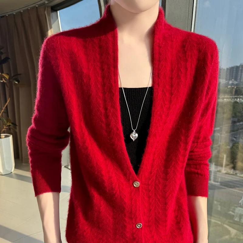 Elegancki kardigan damski z kołnierzem szalowym 100% wełna merino Czerwony