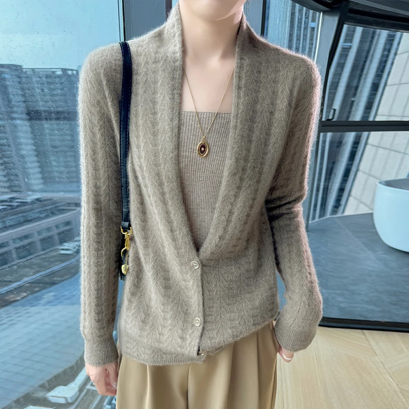 Elegancki kardigan damski z kołnierzem szalowym 100% wełna merino Głównik