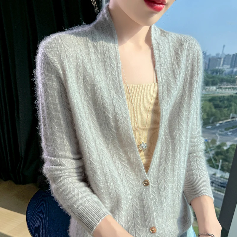 Elegancki kardigan damski z kołnierzem szalowym 100% wełna merino Szary