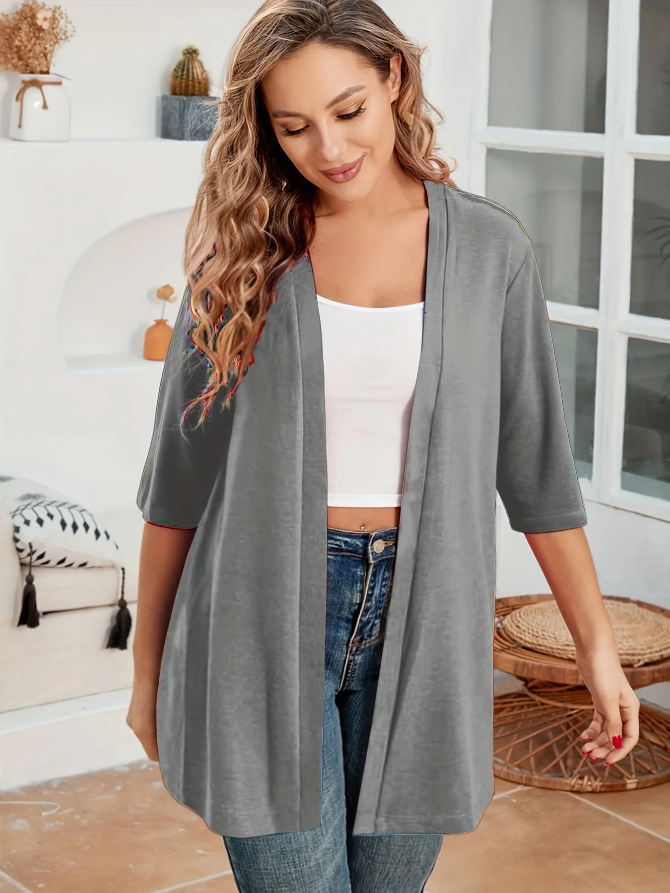 Elegancki kardigan damski plus size z krótkim rękawem — midi Ciemnoszary