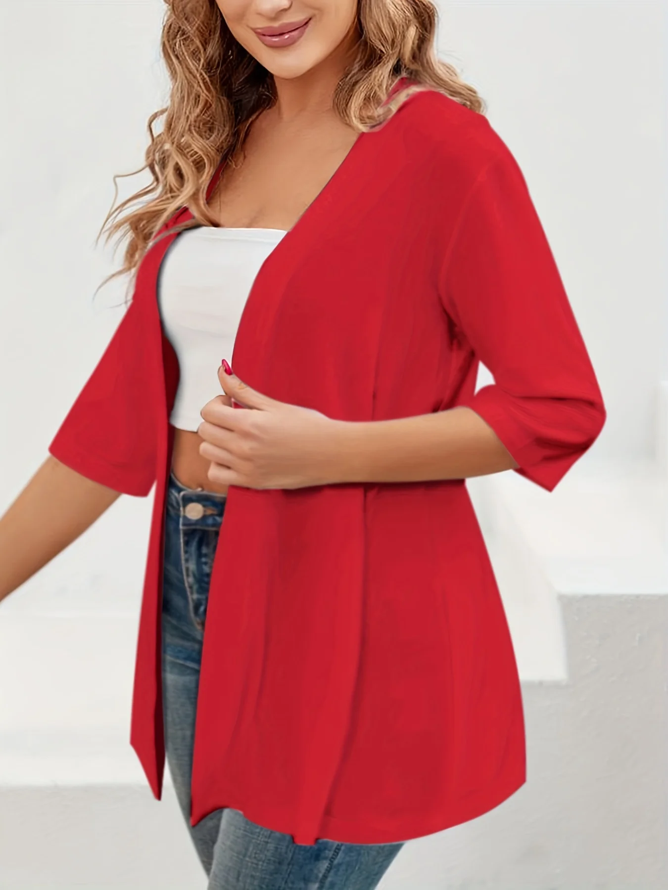 Elegancki kardigan damski plus size z krótkim rękawem — midi Czerwony