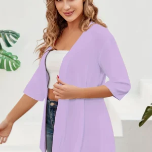 Elegancki kardigan damski plus size z krótkim rękawem — midi Lawenda