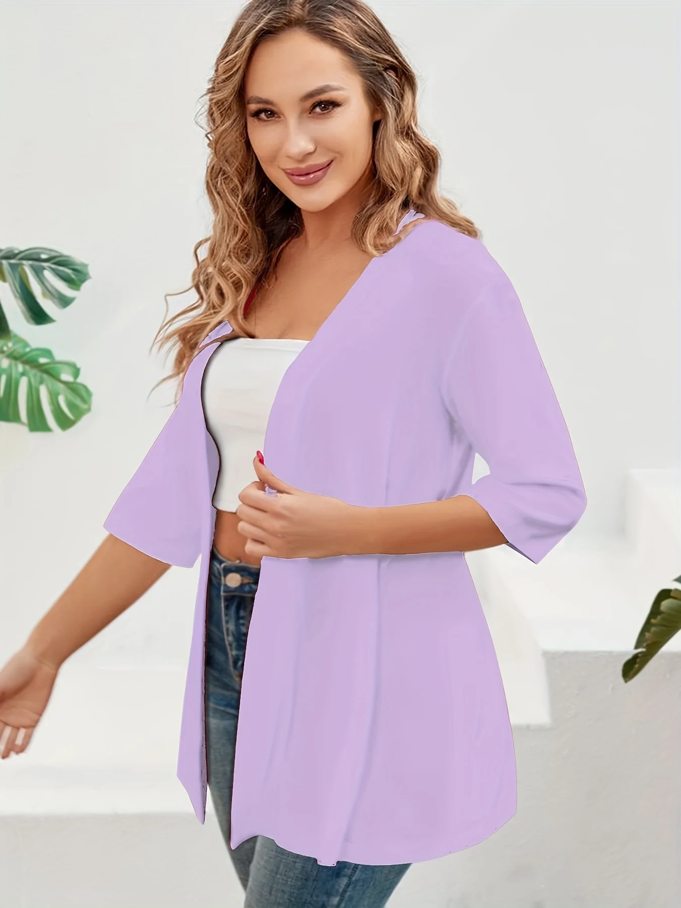 Elegancki kardigan damski plus size z krótkim rękawem — midi Lawenda