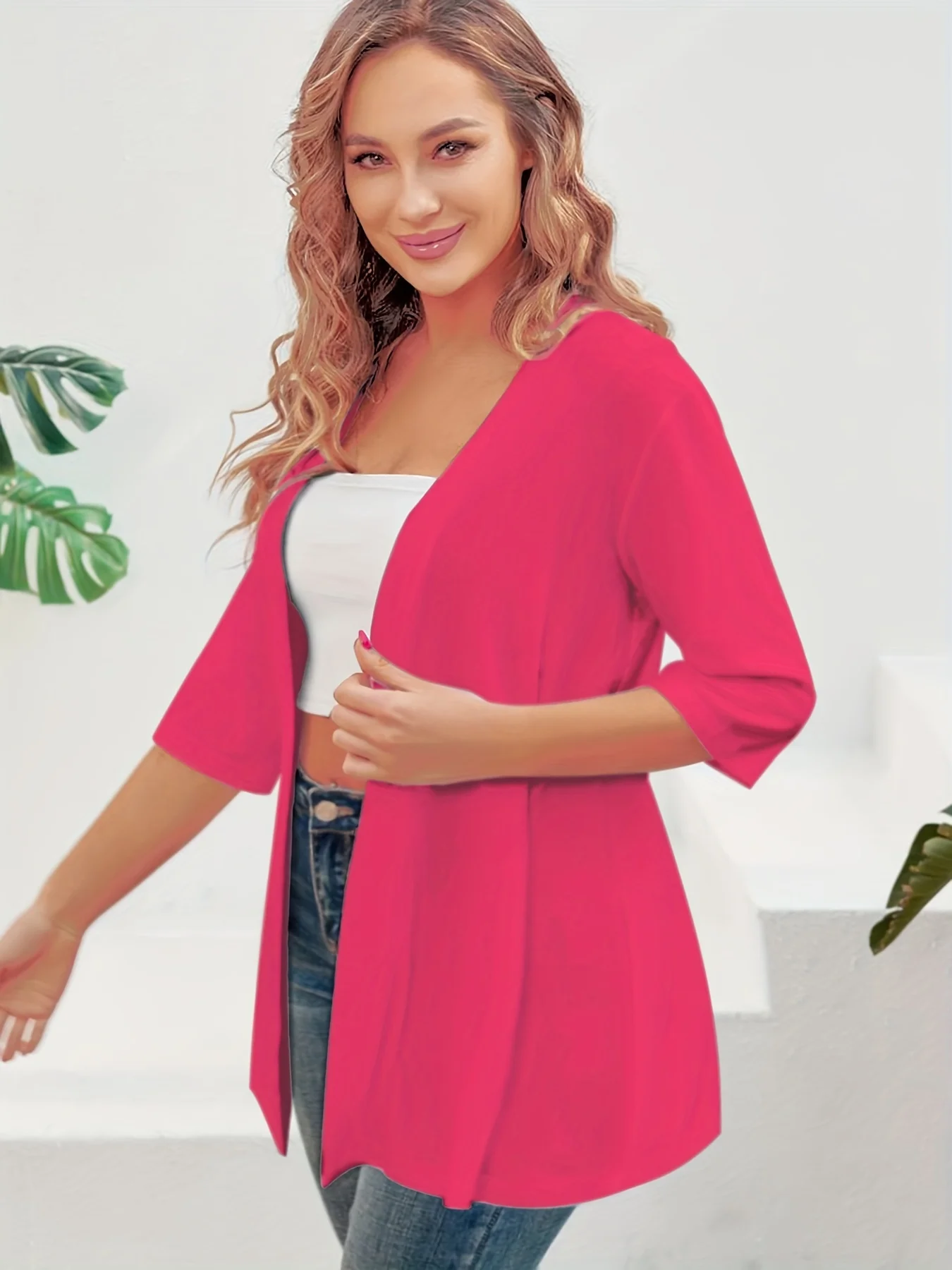 Elegancki kardigan damski plus size z krótkim rękawem — midi Róża czerwona